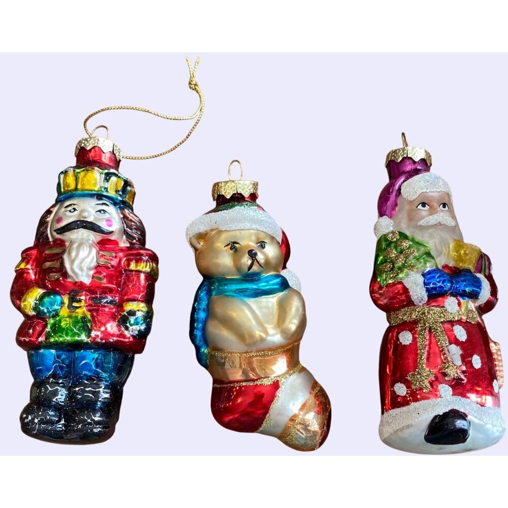 Set Of 3 Hand-Painted Glass Christmas Ornaments: Nutcracker Bear & Santa Claus